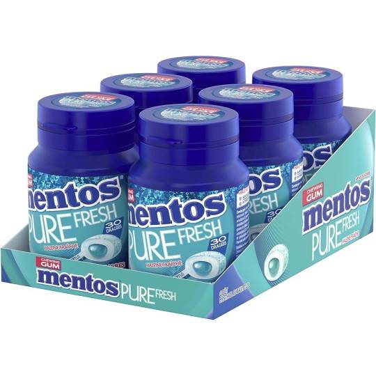 MENTOS GUM PURE FRESH Menthe Eucalyptus – Lot de 6 bouteilles de 30 dragées