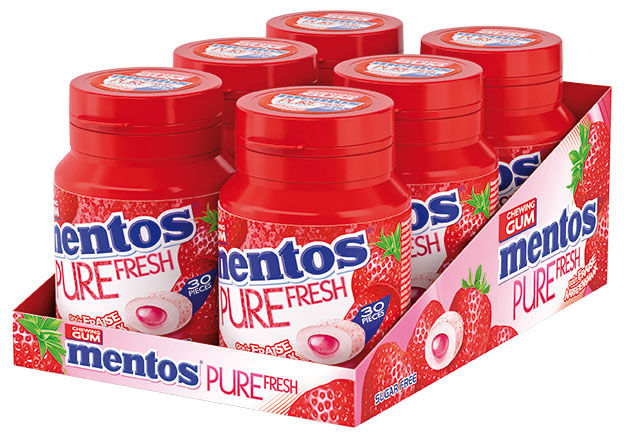 MENTOS GUM PURE FRESH Fraise– Lot de 6 bouteilles de 30 dragées