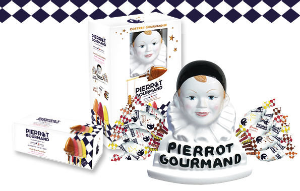 Coffret buste Pierrot Gourmand avec 40 sucettes assorties