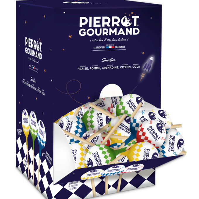 Boite de 150 sucettes aux fruits Pierrot Gourmand