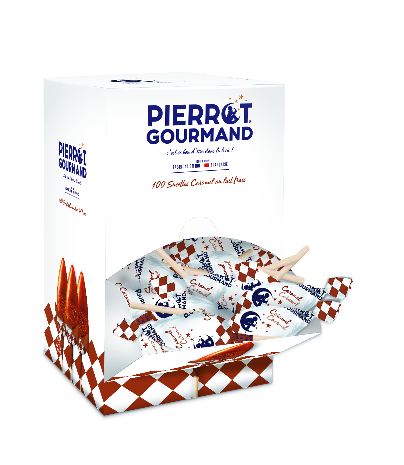 Boite de 100 sucettes caramel 1.3Kg Pierrot Gourmand