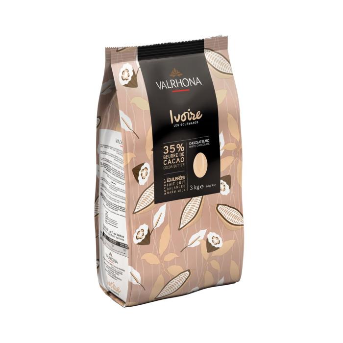 Chocolat blanc Ivoire Valrhona 35% en fèves, 3 kg, idéal pour pâtisserie et desserts gourmands.