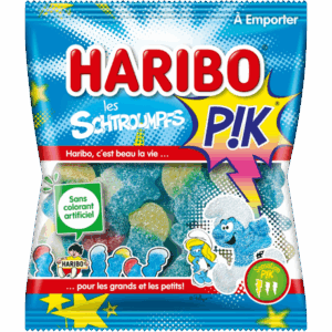 Carton de schtroumpfs pik Haribo, 30 sachets de 120g pour un plaisir sucré.
