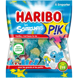 Carton de schtroumpfs pik Haribo, 30 sachets de 120g pour un plaisir sucré.
