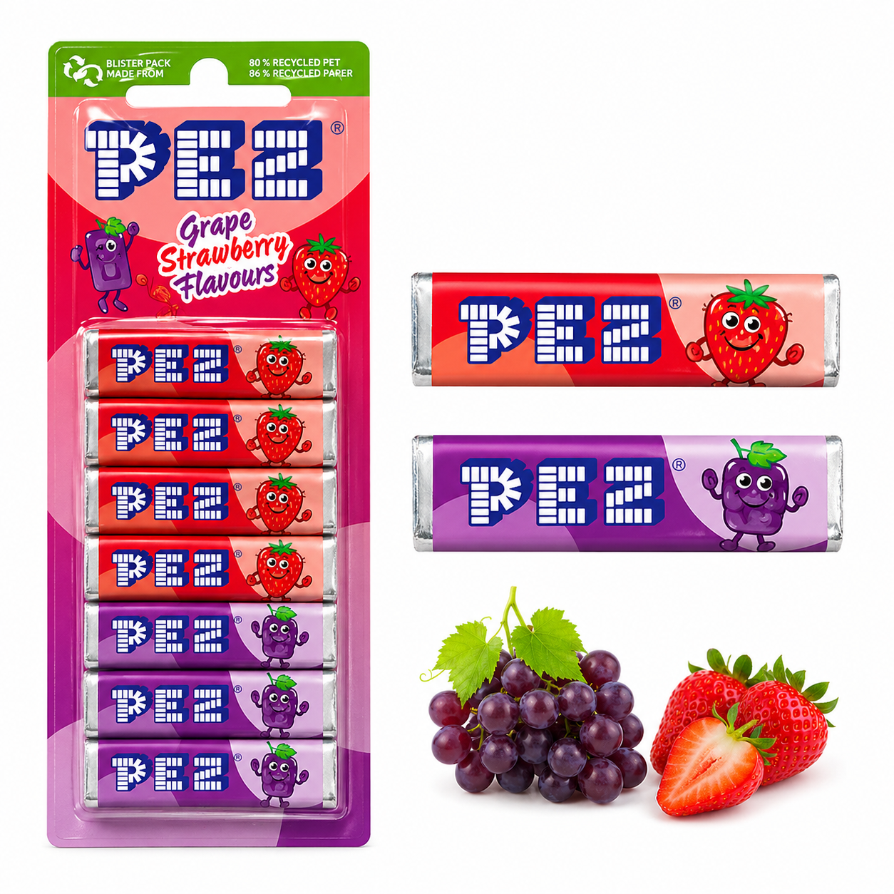 PEZ Blister de 8 Recharges Raisin & Fraise – Lot de 12
