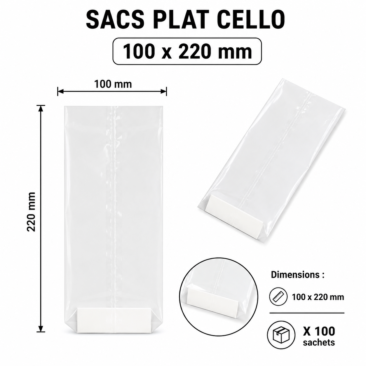 Boite de 100 sacs transparents, fond rigide,  dimensions : 100 x 220