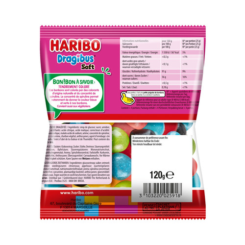 Sachet Haribo Dragibus Soft 120g – détail bonbons colorés fruités