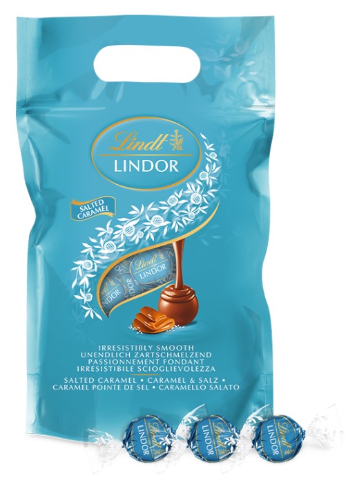 Sac 1Kg Lindor Caramel avec fleur de sel de Lindt, un délice sucré et salé.
