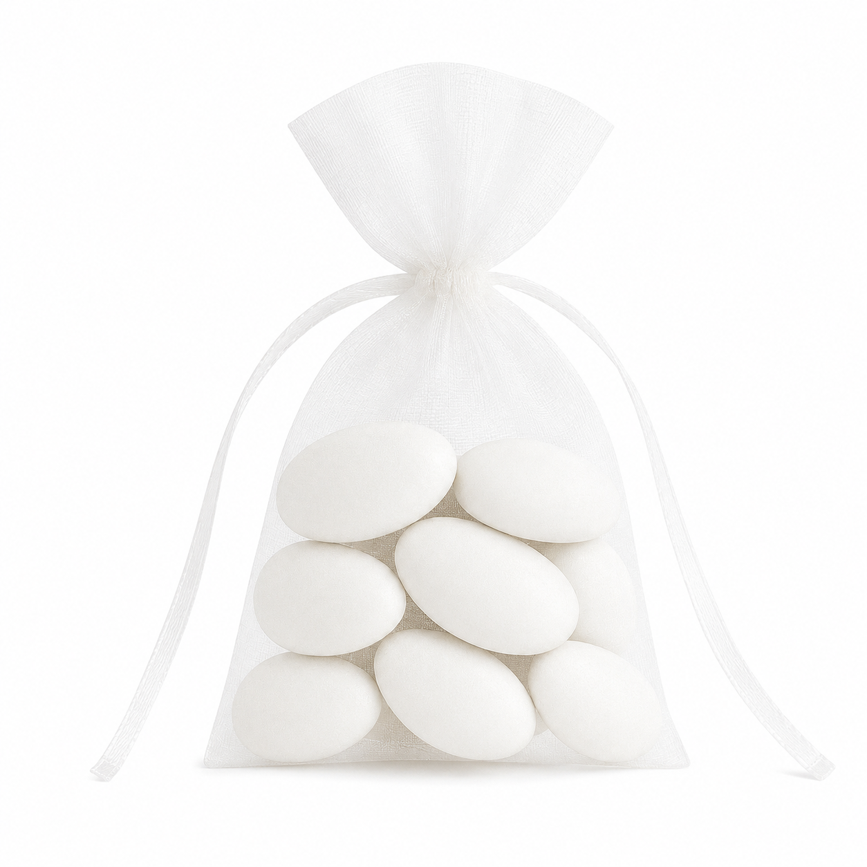 Carton de 20 sacs organdi Blanc garni de 8 dragées blanches Catalanes Maison Pécou