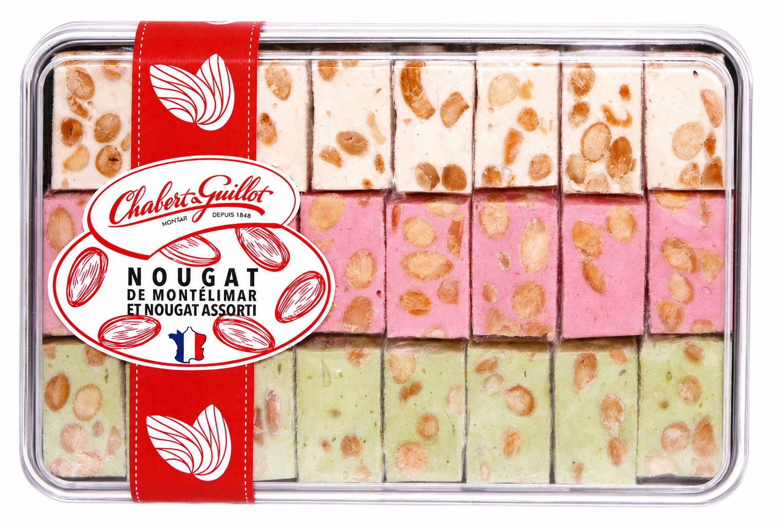 Boîte métal d'assortiment de nougat vanille, framboise, pistache 250gr Chabert et Guillot