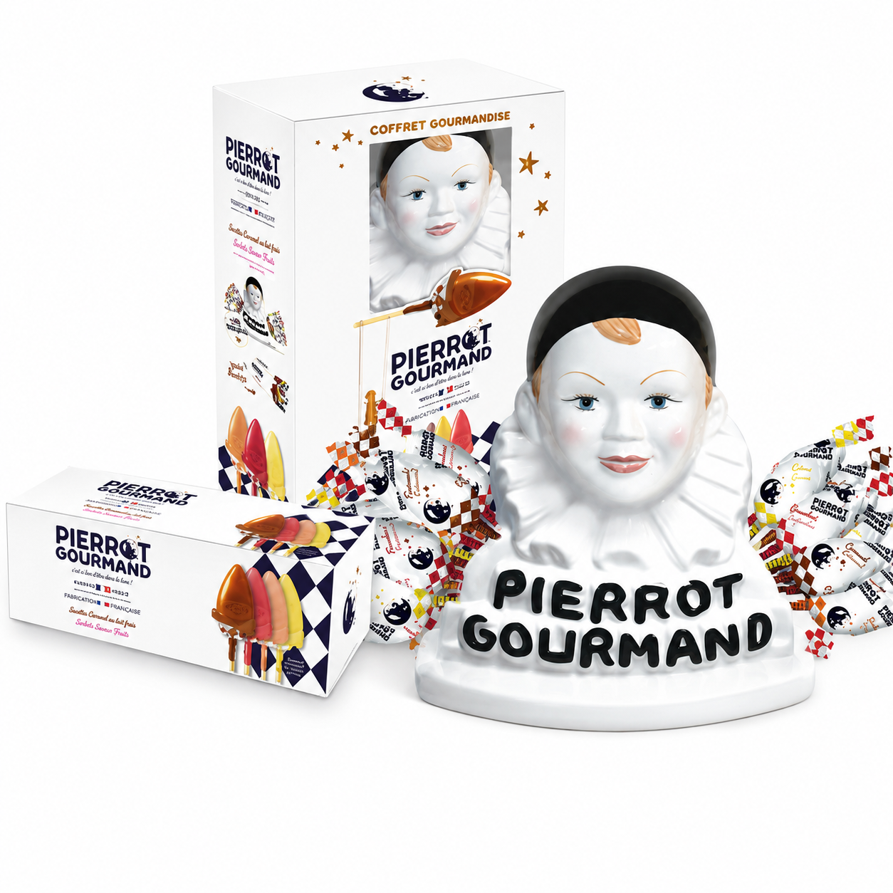 Coffret buste  Pierrot Gourmand avec 40 sucettes assorties