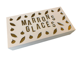 Boite de marrons glacées entiers sous papier or