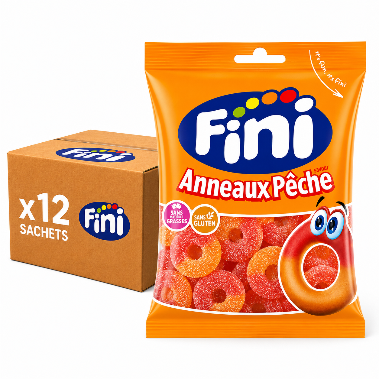 Carton de 12 sachets Anneaux Pêche Fizz Halal Fini 90 g