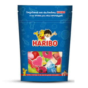 Sachet papier Haribo garni de confiserie, 100 g de douceurs à offrir.