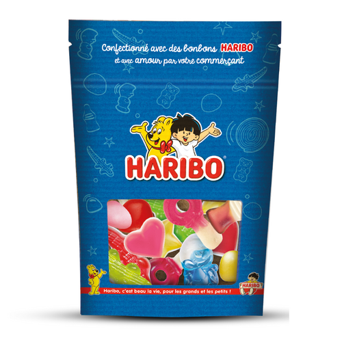 Sachet papier Haribo garni de confiserie, 100 g de douceurs à offrir.
