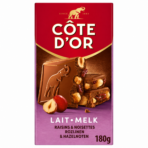 Tablette lait raisins et noisettes entières 180 g Côte d'Or