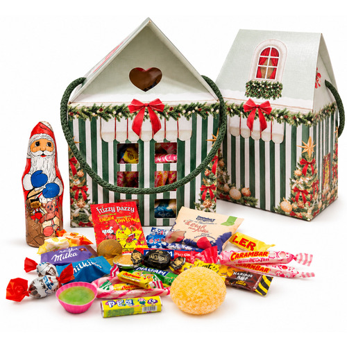 Maison de Noël garnie de chocolats miniatures et confiseries – 250 g environ