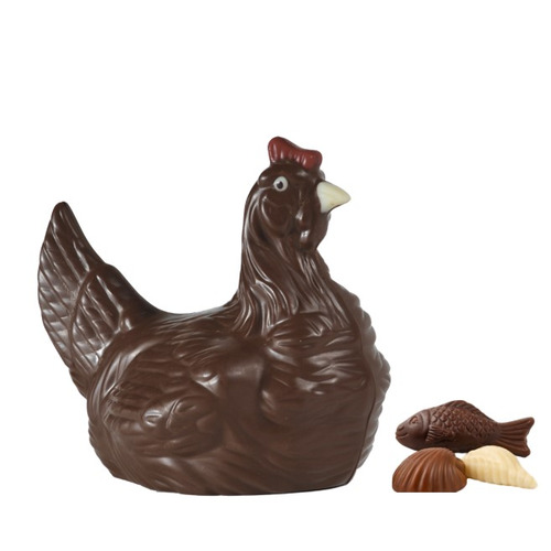 Moulage de poule au chocolat noir garnie de fritures 200g 12cm Guisabel