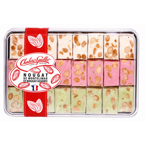 Boîte métal assortiment de nougat vanille, framboise, pistache 250 g Chabert et Guillot