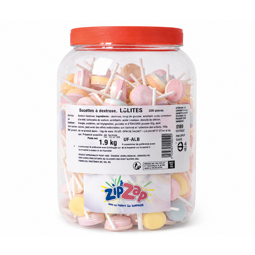 Lollies au dextrose Zip & Zap – tubo de 200 pièces