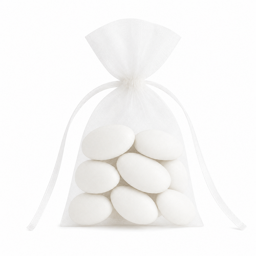 Carton de 20 sacs organdi blanc garnis de 8 dragées blanches Catalanes Maison Pécou