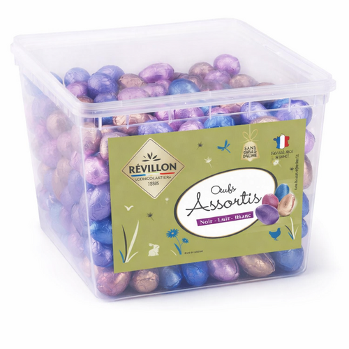 Boîte d'œufs en chocolat assortis Révillon – noir, lait, blanc – 2 kg (≈255 pièces)