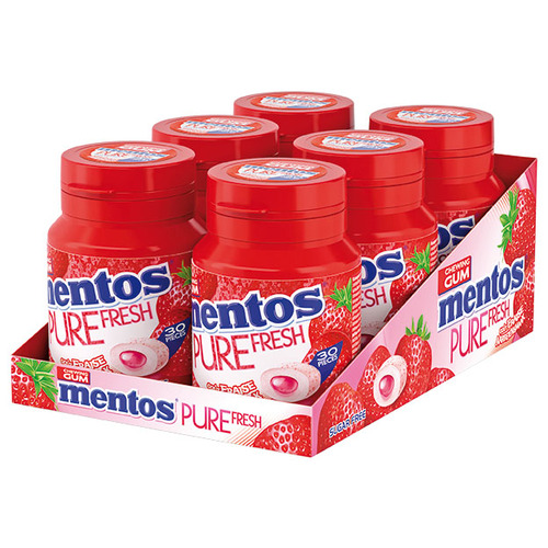 MENTOS GUM PURE FRESH Fraise– Lot de 6 bouteilles de 30 dragées